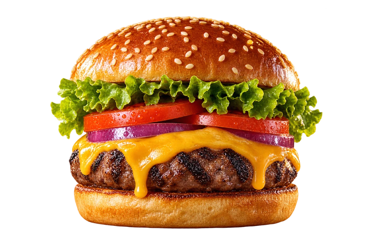 Hamburguesa Fogata con cheddar derretido, tomate, lechuga y pan con ajonjolí.