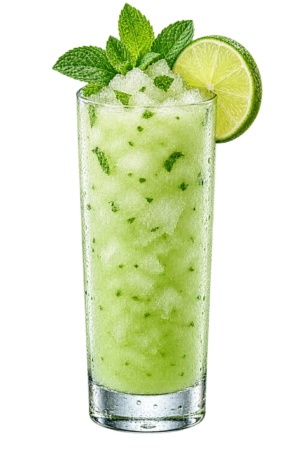 Limonada frapé en vaso alto con hielo, hierbabuena y rodaja de limón.