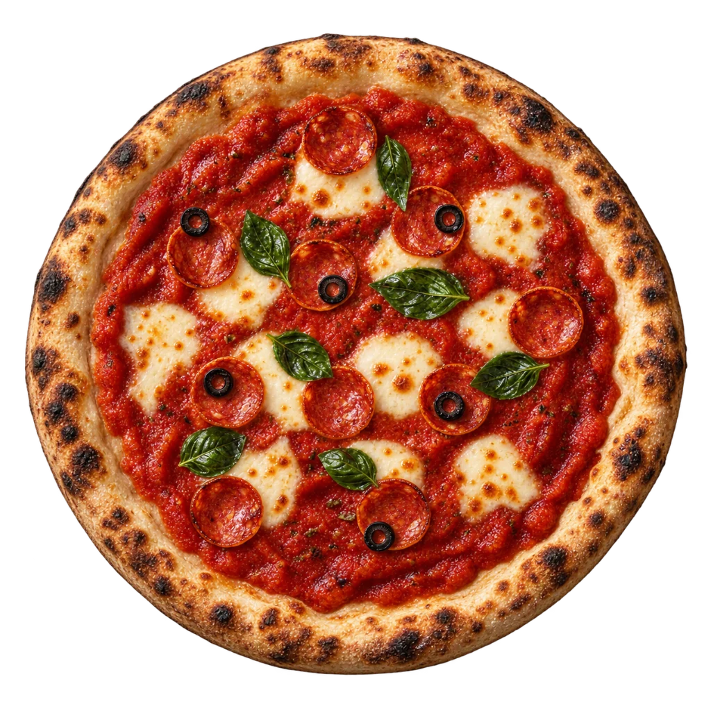 Pizza de pepperoni, mozzarella y albahaca vista desde arriba.